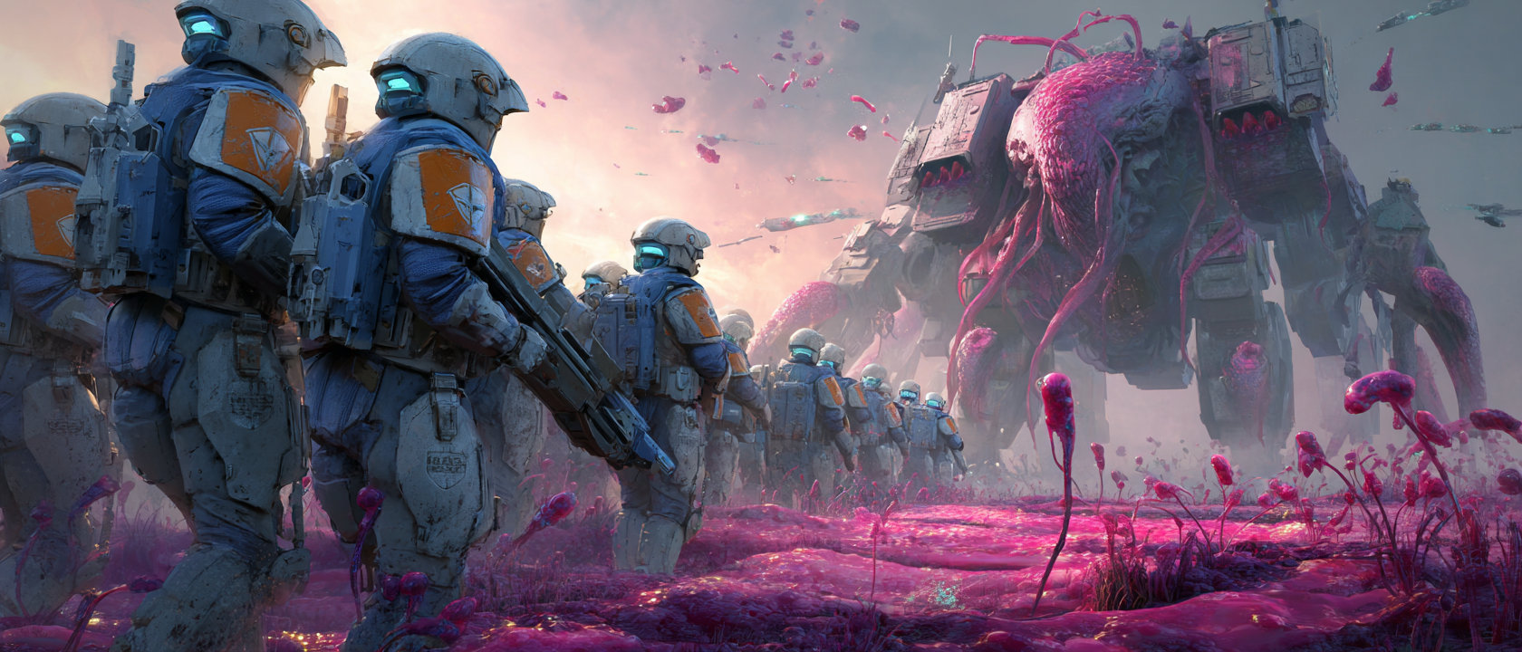 UN Containment Corps marines advancing on a Hive bio-titan across a spore-saturated battlefield